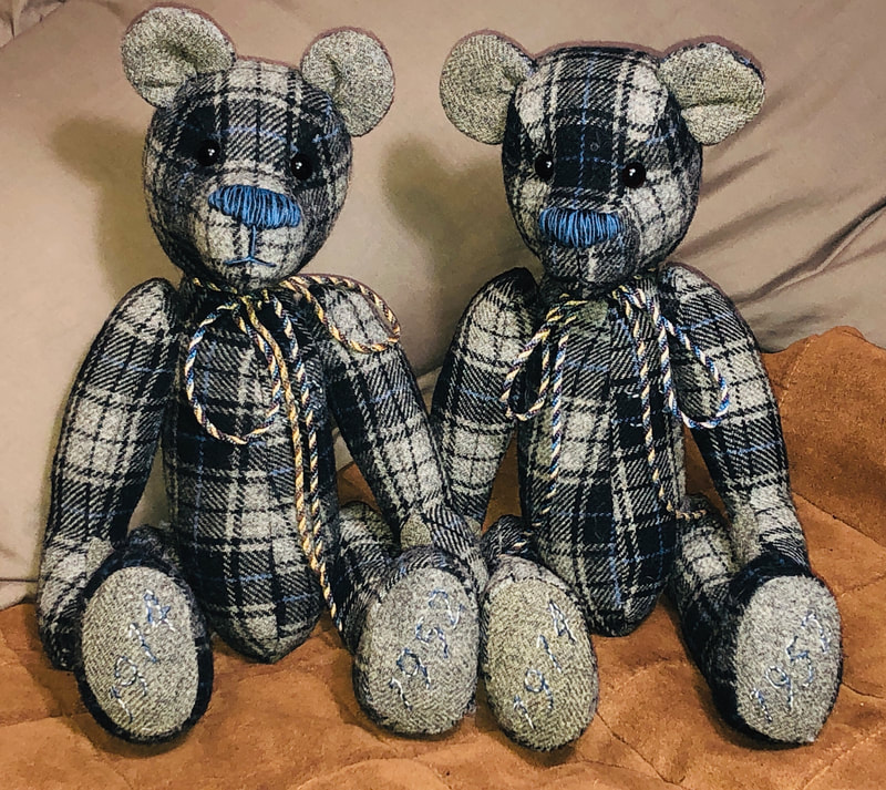 Fully jointed memory bears  made from grey & blue tartan dressing gown
 