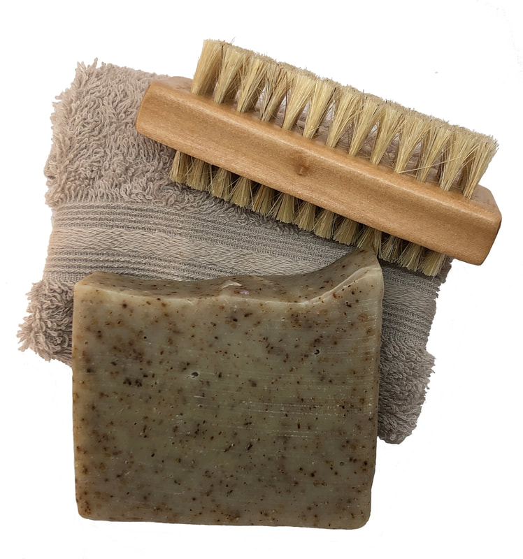 Brown green speckled Gardeners soap with facecloth and nail brush. Link Browse Bath & Body